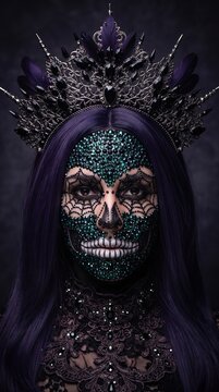 la Catrina make up ideas with  crystals, lavish halloween makeup of woman with bejeweled skull face and ornate dark headdress