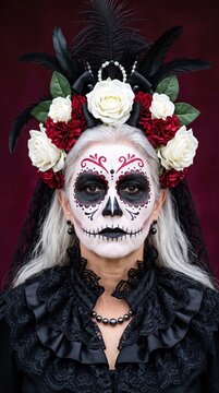 la catrina make up ideas, traditional day of the dead costume woman with sugar skull makeup and floral headpiece