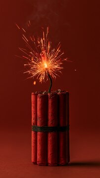 Dynamite sticks tied together with a lit fuse sparking brightly against a red background, representing critical moments and risk