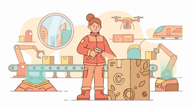 Colorful cartoon worker inspecting industrial machinery with financial growth charts, concept for business productivity, investment strategies, and economic development in corporate and educational