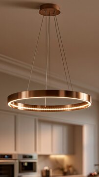 Modern circular LED light fixture hanging in a stylish kitchen, providing ambient illumination and enhancing home decor