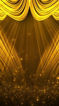 Rich gold drapery surrounds stage sweeping beams floating glitter, cinematic depth. gala announcements, concert screens, premium branding, celebration promos, trophy reveals, dramatic stage animations