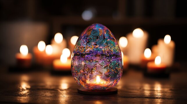 Illuminated egg displaying intricate circuit patterns, standing among soft flickering candles, representing the fusion of tech and heritage