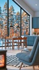 Fototapeta premium Cozy Scandinavian living room interior overlooking snowy forest landscape, offering warmth and modern comfort