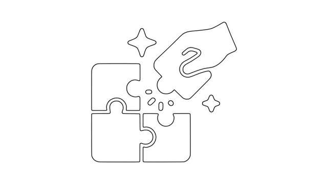 Puzzle pieces with hand and sparkle problem solving icon animation