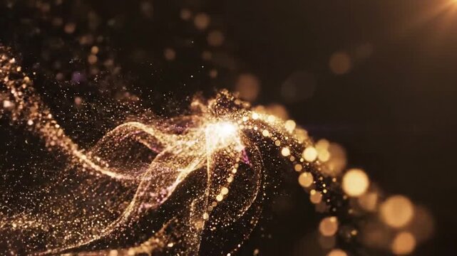 Golden Sparkle Energy Flow: A luminous flow of golden particles, resembling an abstract cosmic event or a magical energy burst, illuminates the darkness with a warm, ethereal glow.