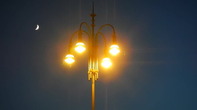 Lights of lanterns from Piazza del Popolo in Rome and  dark sky with crescent moon. Topics: electricity, current, moonlight, night, travel