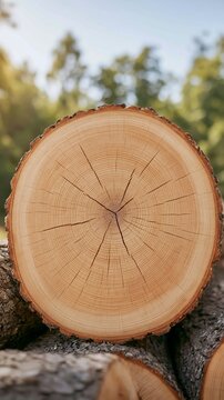 Tree log cross section showing natural growth rings, bark, and wood grain outdoors, representing nature and forestry