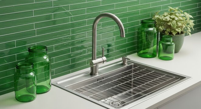 Modern kitchen sink with green accents and decorative glass jars on the countertop