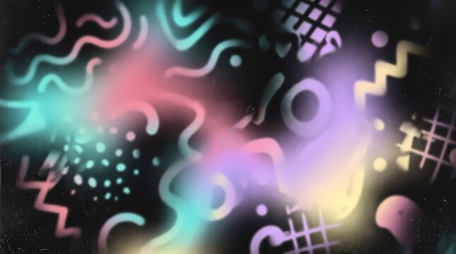 abstract digital background featuring a vibrant light wash effect over a dark surface, accented with glowing neon geometric shapes, grids, and wavy doodle lines in pink, cyan, and yellow hues.