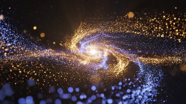 Cosmic Dance of Light: A swirling galaxy of luminous particles, bathed in ethereal gold and blue light, creates a mesmerizing spectacle of cosmic energy and movement.
