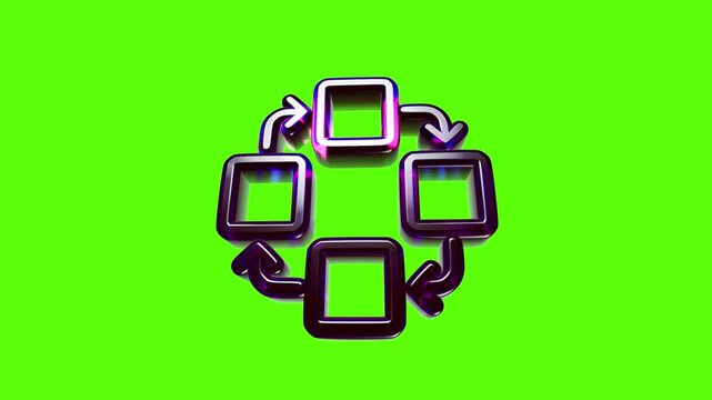 Shiny metallic cycle process diagram icon with four connected square frames and arrows for business workflow