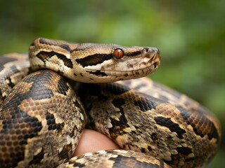 Fototapeta premium Close-up portrait of venomous viper snake coiled on mossy forest ground in natural habitat