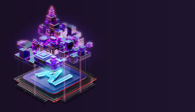 Futuristic 3D semiconductor chip and digital high-tech architecture. Artificial intelligence, computing infrastructure, big data processing market growth, advanced cybersecurity technology background