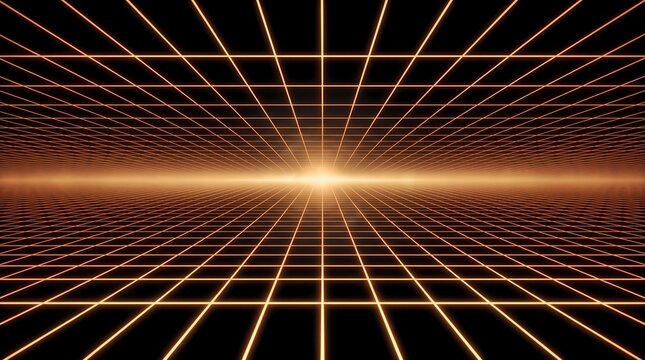 abstract digital background featuring a glowing orange and yellow wireframe perspective grid stretching toward a bright horizon line in a dark space.