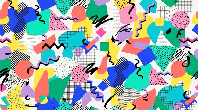 Colorful Seamless Pattern with Abstract Hands, Dots, Geometric Shapes and Retro Decorative Elements for Wallpaper, Textile, Fabric and Vibrant Background Design