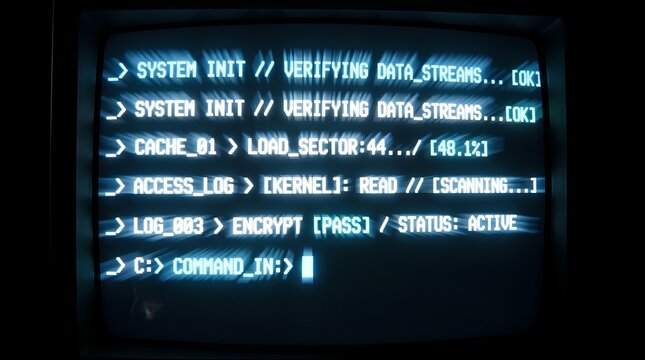 close-up photograph of an old computer display monitor showing glowing blue command line text, system initialization logs, and data streams with a light beam effect in a dark room.