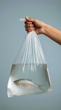 Hand holding live fish in plastic bag with water, concept of new pet, purchase, or transport to an aquarium