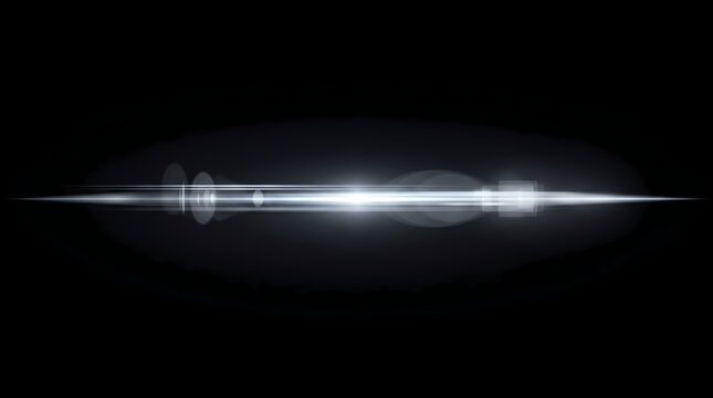 bright silver anamorphic lens flare streak with horizontal light beams and glowing optical effects isolated on a solid black background.