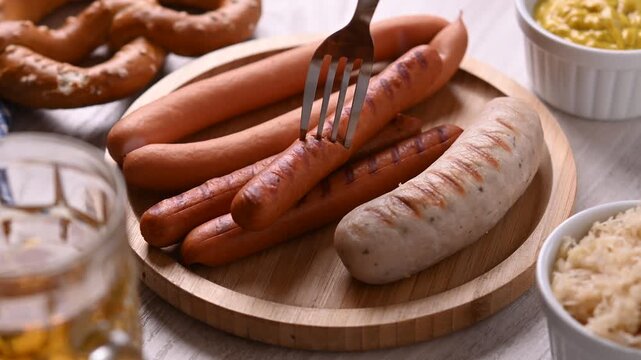 Picking up a grilled sausage with a fork from a plate