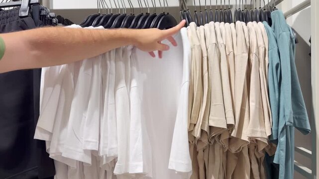 Assorted Casual Clothes on Store Racks.Hand Choosing Clothes on Hangers in Clothing Boutique &ndash; Casual Wear Selection