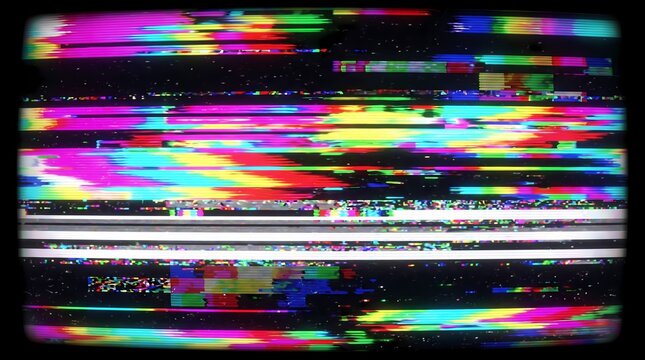 abstract visual representation of vintage VHS tape static, digital glitching, and corrupted data streams displayed on an old curved CRT screen with vibrant distorted colors.
