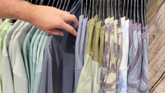 Assorted Casual Clothes on Store Racks.Hand Choosing Clothes on Hangers in Clothing Boutique &ndash; Casual Wear Selection