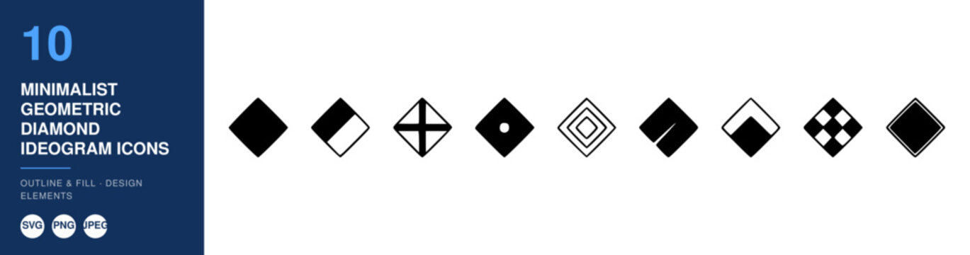 Geometric Diamond Ideogram Icons Set, Minimalist Design Elements. Outline and Fill Vector Icons, Nameplate Design