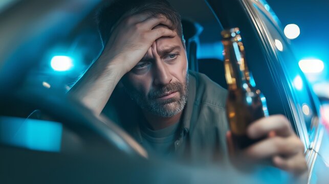 Drunk driver feeling guilty and sad, caught drinking alcohol behind the wheel at night with police lights
