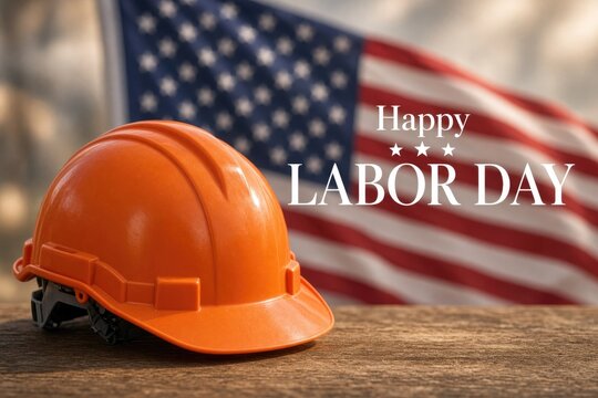 Bright orange hard hat rests on wooden surface against waving American flag backdrop