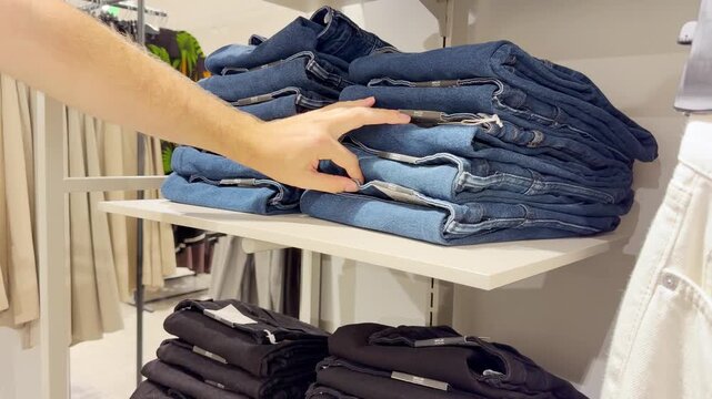 Assorted Casual Clothes on Store Racks.Hand Choosing Clothes on Hangers in Clothing Boutique &ndash; Casual Wear Selection