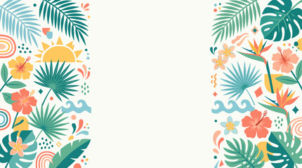 Fototapeta premium Vibrant Tropical Summer Border with Exotic Flowers, Leaves, Sun, and Rainbow Accents