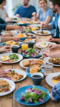 Friends enjoying a casual brunch together, sharing a variety of delicious breakfast dishes on a rustic wooden table