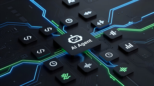 AI Agent Microchip Processor on Circuit Board with Audio and Code Icons