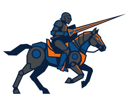 Futuristic knight on horseback charging with a lance in a stylized digital illustration.