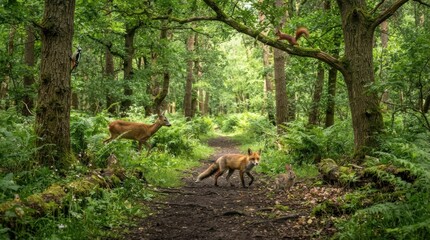 Naklejka premium Diverse wildlife encounters on a forest path with a fox, deer, squirrel, woodpecker, and rabbit
