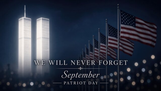 Illuminated Twin Towers stand tall, surrounded by waving flags, honoring memories
