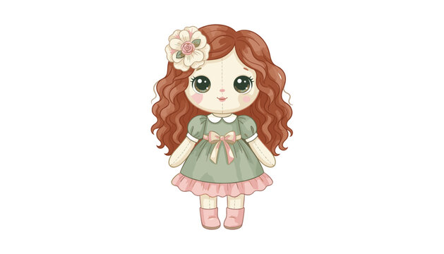 Cute Vintage Rag Doll Toy Character with Long Curly Brown Hair Green Dress and Flower Hairpin Vector Illustration for Nursery Design