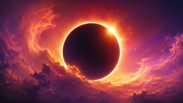 dramatic solar eclipse with vibrant orange and purple hues, showcasing the sun's corona and fiery clouds surrounding the darkened moon.