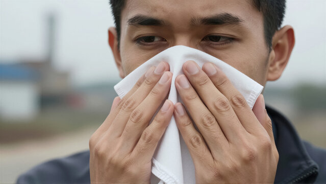 Close-up of a young man using a tissue to cover his nose. He is suffering from a cold, flu, or seasonal allergy symptom outdoors