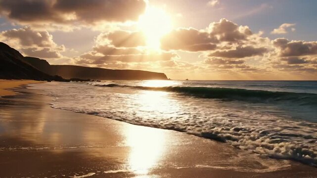 Golden Hour Serenity: A breathtaking ocean vista bathed in the warm, golden light of sunset.
