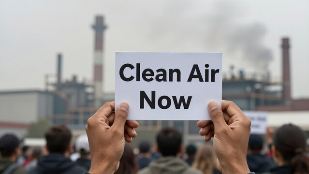 Person holding a Clean Air Now sign at an environmental protest. People demonstrate against industrial air pollution near a smoking factory chimney