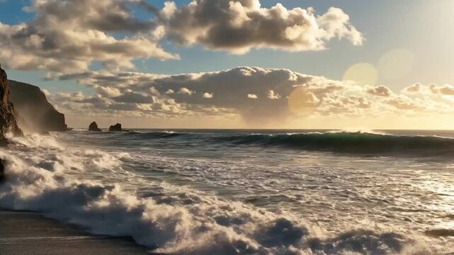 Coastal Sunrise Serenity: Waves crash on a sandy shore beneath dramatic clouds as the sun rises, casting a warm, golden light over the rugged coastline and the vast ocean.