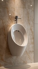 Fototapeta premium White ceramic urinal on a brown marble patterned tiled wall, showcasing modern bathroom design and hygiene in a public washroom