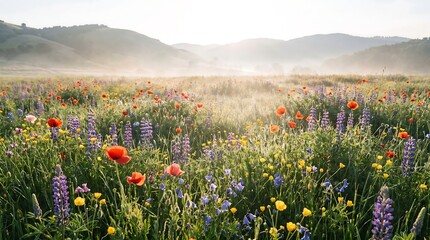 Obraz premium Wildflower field blooming under bright morning sunlight in mountain meadow