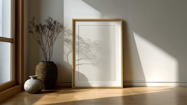 poster frame mockup in living room, natural sunlight, shadow on wall, interior decor style, empty frame