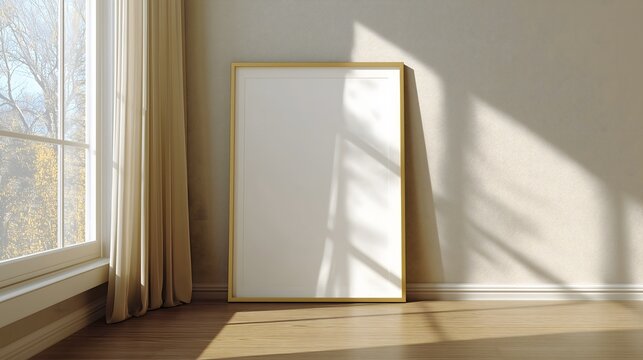 poster frame mockup in living room, natural sunlight
