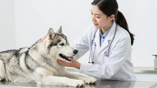 A professional veterinarian performing a health check on a husky dog. The friendly doctor is examining the pet at a modern veterinary clinic