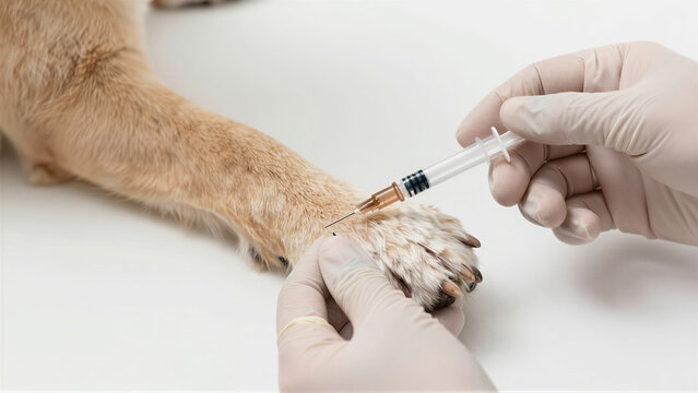 Veterinarian giving an injection to a dog. Close-up of professional pet vaccination or medical treatment in a clinic