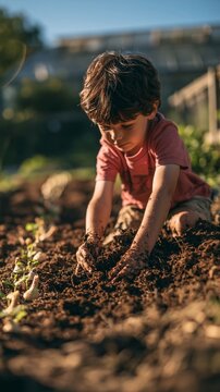 Young boy learning in garden, hands digging into rich soil, planting seeds, connecting with nature